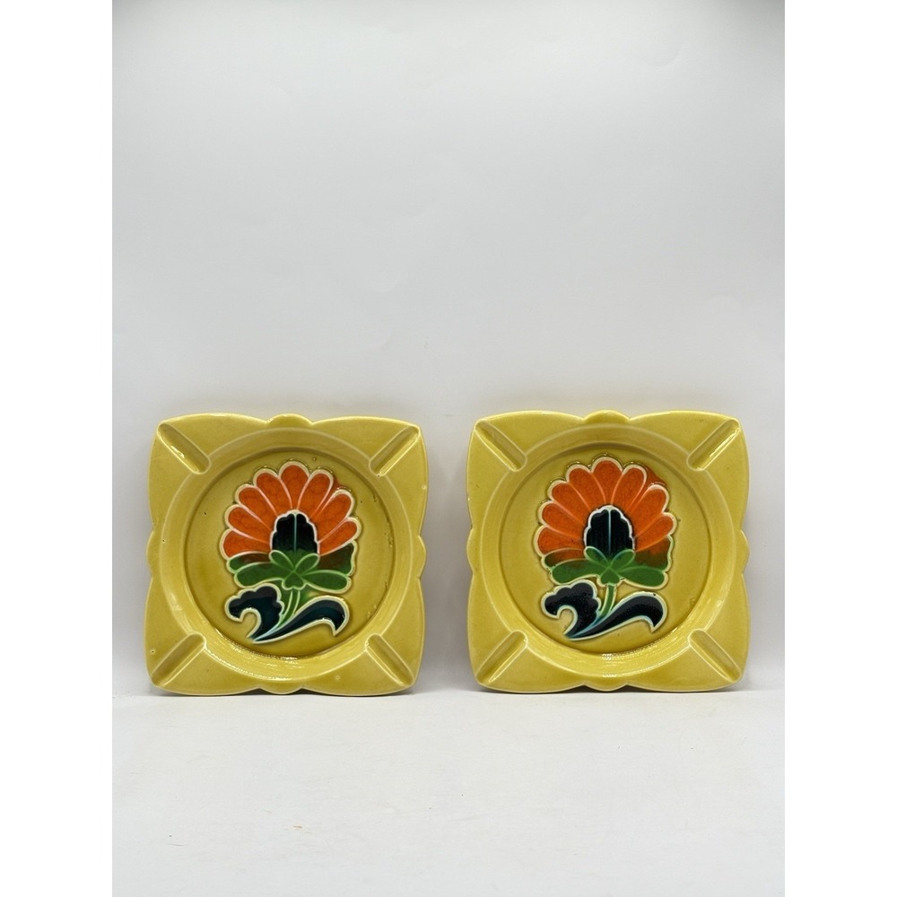 Pair Of Matching Vintage Yellow Ceramic Ashtray Trinket Dish Floral 70's Hippie